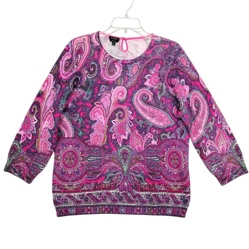 Talbots Pure Cashmere Top Size XL Pink and Purple Paisley 3/4 Sleeve